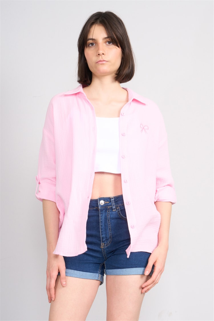 Hisset Y26 Gt1128 Pembe Kadın Kurdelelı Müslin Gömlek 38-44