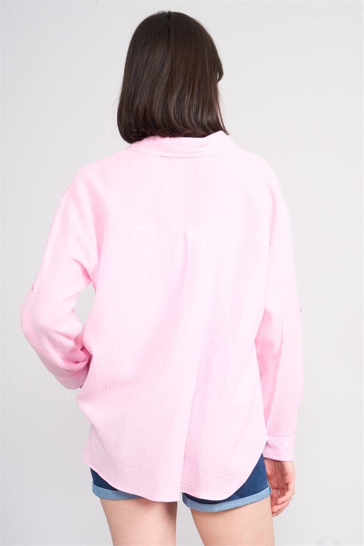Hisset Y26 Gt1128 Pembe Kadın Kurdelelı Müslin Gömlek 38-44