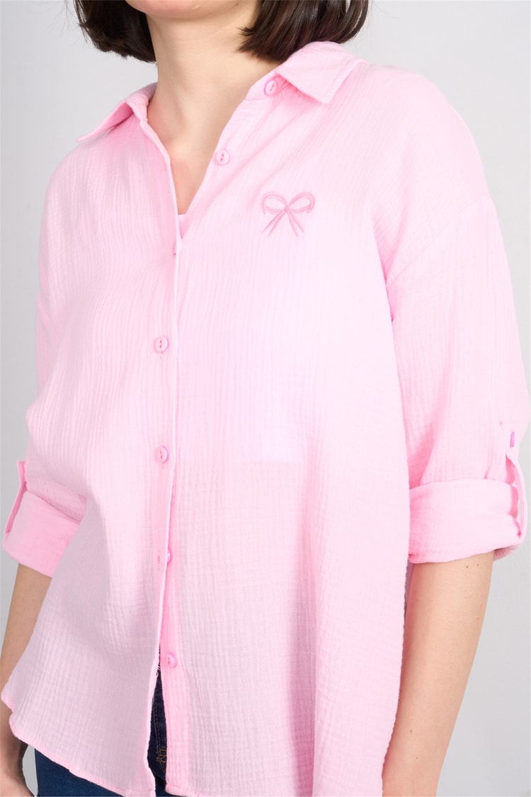 Hisset Y26 Gt1128 Pembe Kadın Kurdelelı Müslin Gömlek 38-44