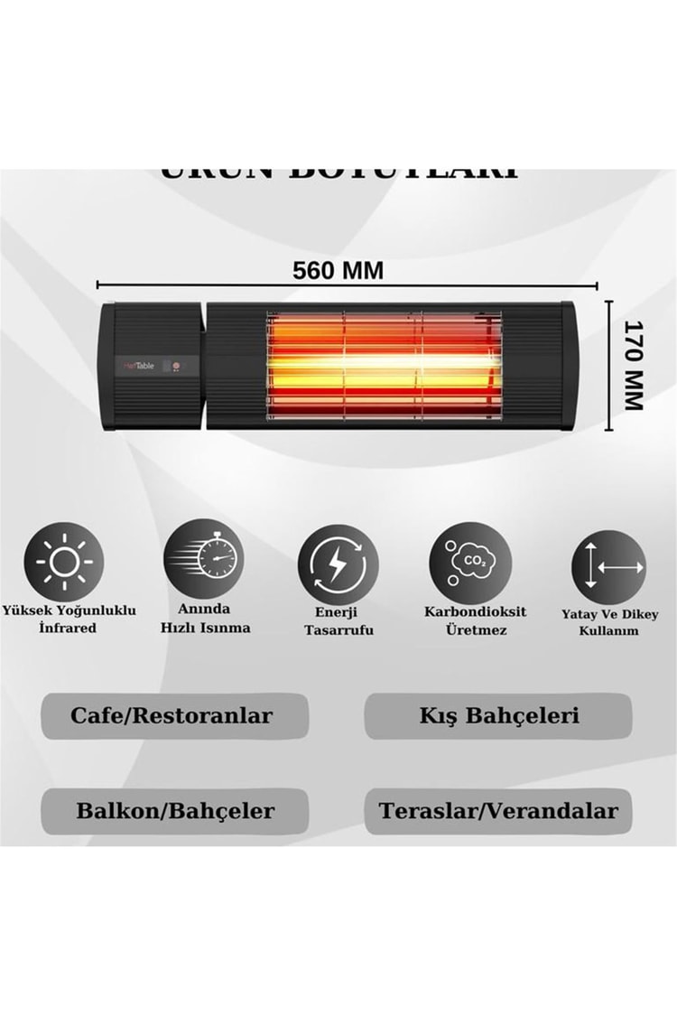 Hottable Supreme Plus Duvar Tipi Dış Mekan İnfrared Isıtıcı 2000 Watt (U.kumandalı 5 kademe Isı ayarı)