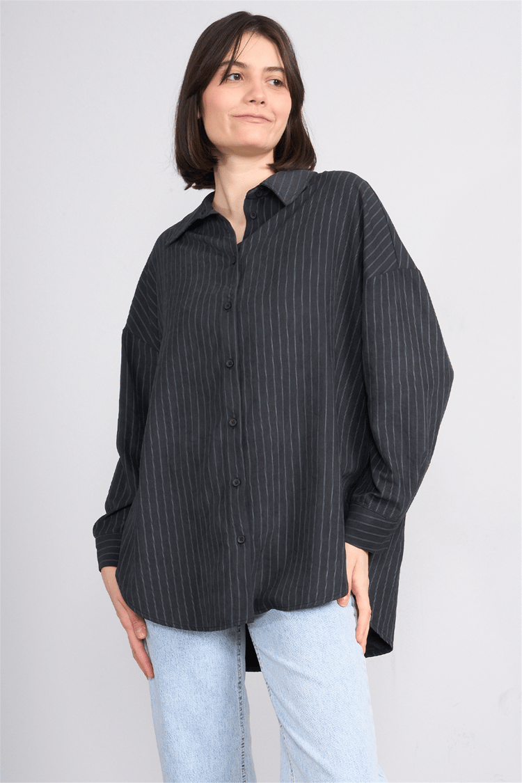 İkoll 0036222 002 Siyah Çizgili Oversize Gömlek