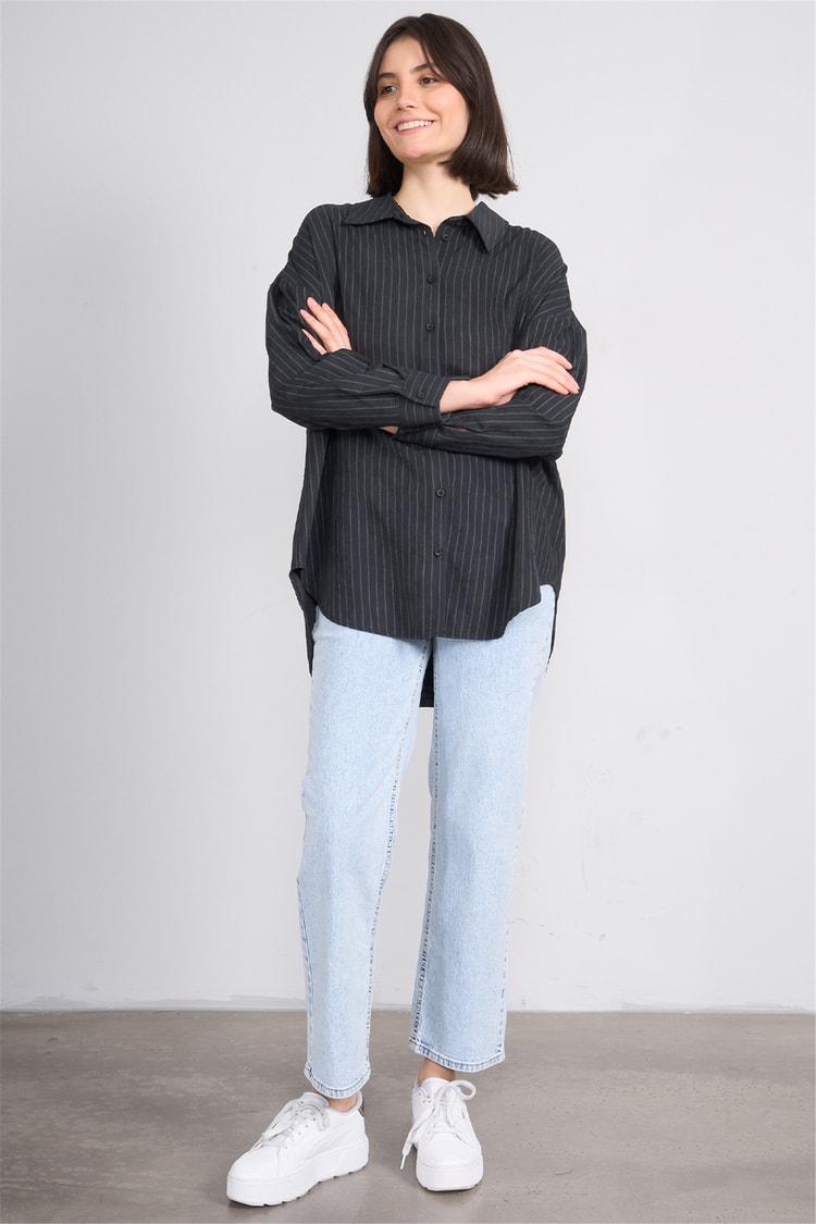 İkoll 0036222 002 Siyah Çizgili Oversize Gömlek