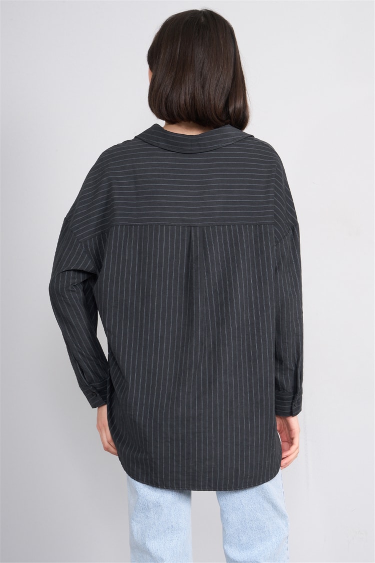 İkoll 0036222 002 Siyah Çizgili Oversize Gömlek