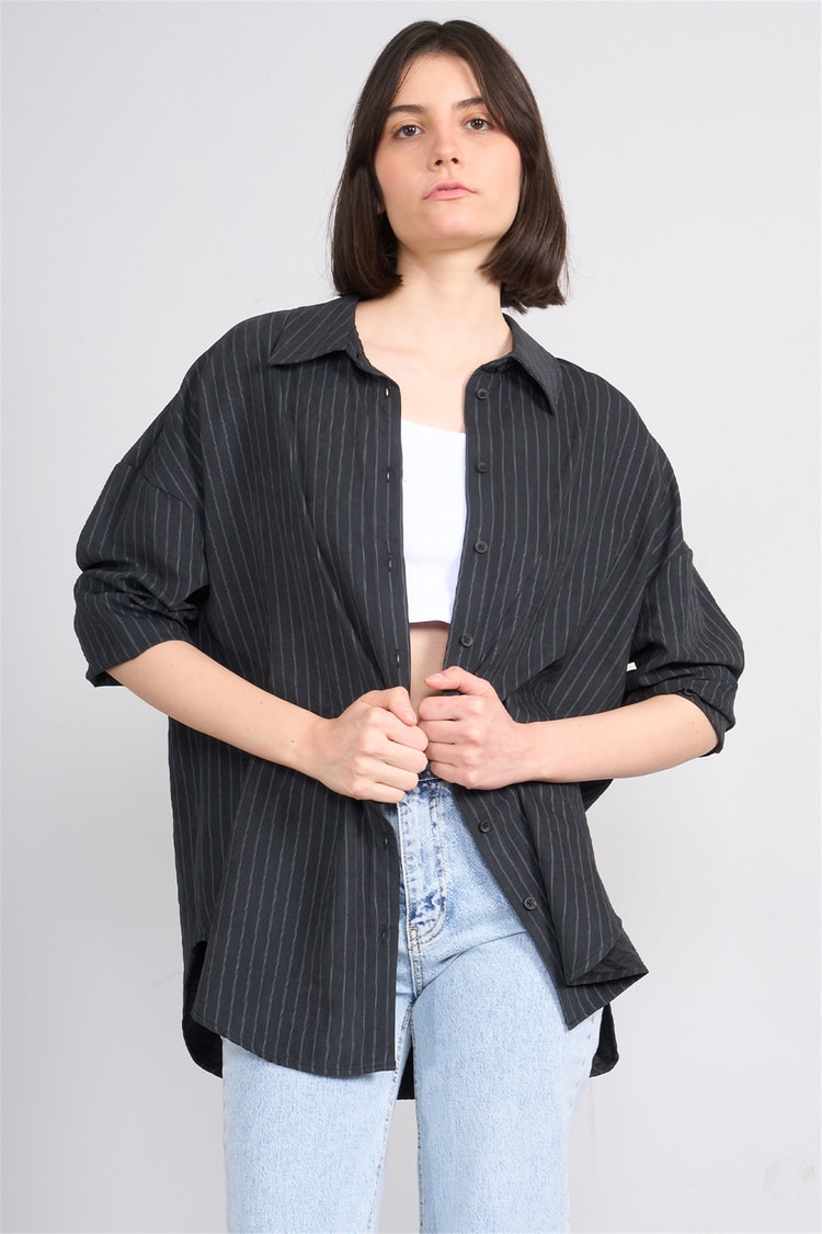 İkoll 0036222 002 Siyah Çizgili Oversize Gömlek