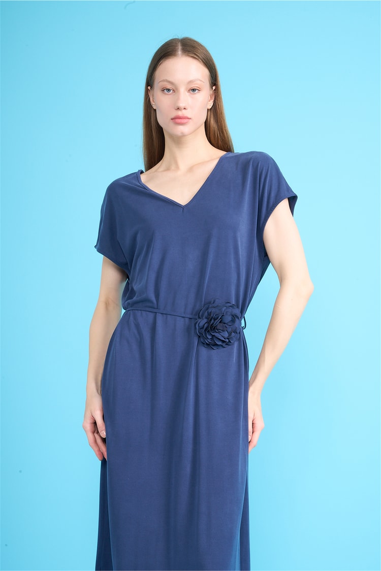 İkoll 1004710 010 Lacivert Gul Kemerli Modal Elbise