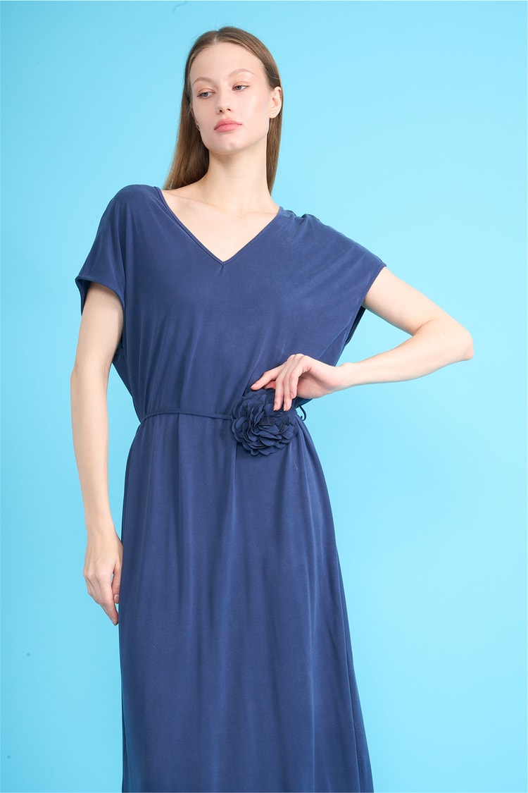 İkoll 1004710 010 Lacivert Gul Kemerli Modal Elbise