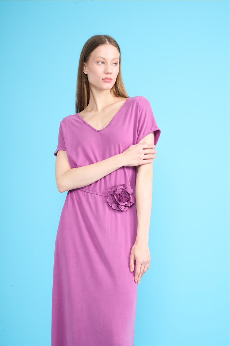 İkoll 1004710 939 Violet Gul Kemerli Modal Elbise