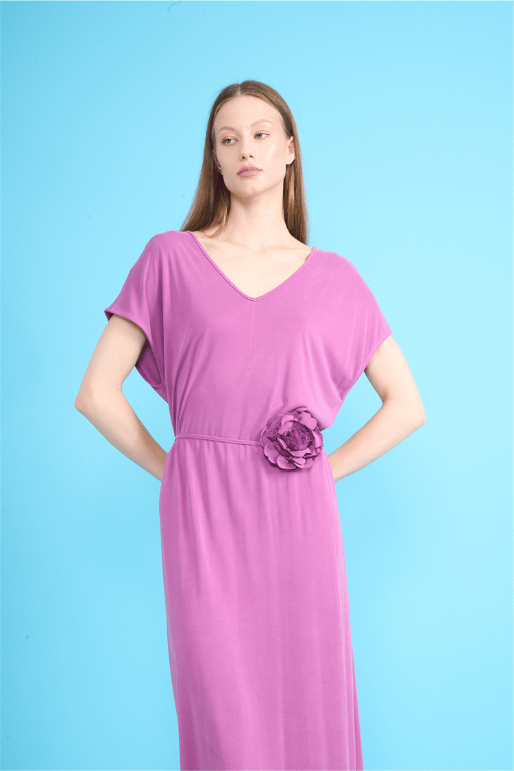 İkoll 1004710 939 Violet Gul Kemerli Modal Elbise