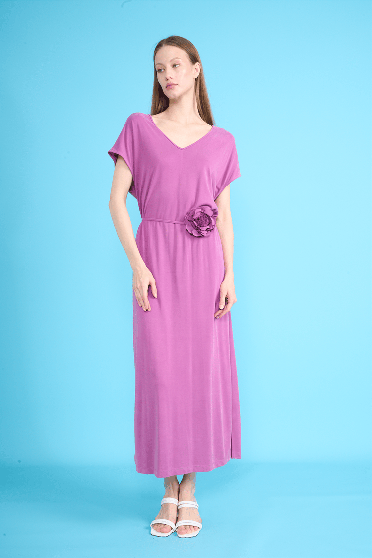 İkoll 1004710 939 Violet Gul Kemerli Modal Elbise