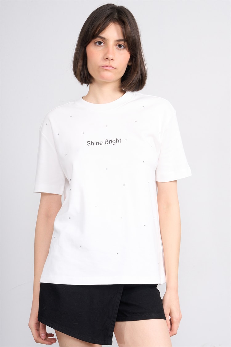 İkoll 1005112 007 Ekru Kabartma Baskı Interlok T-Shirt