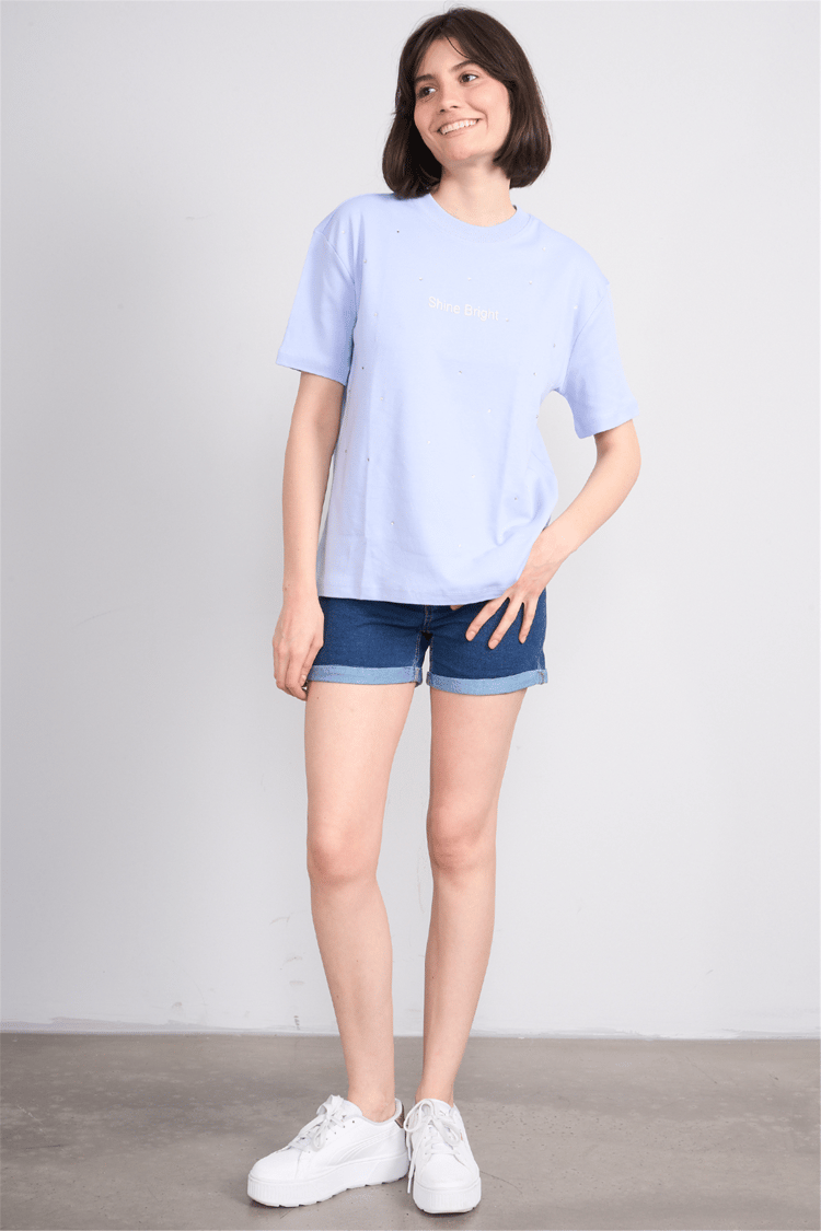 İkoll 1005112 028 Mavi Kabartma Baskı Interlok T-Shirt