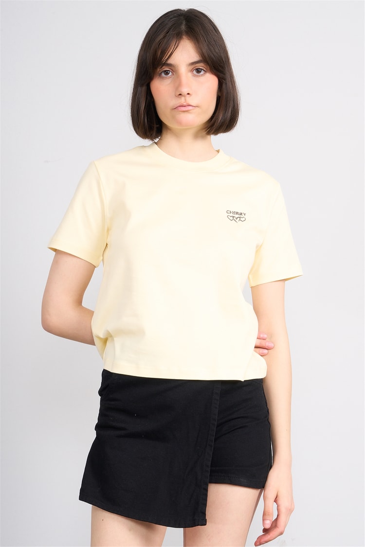 İkoll 1005114 008 Sarı Kalp Taşlı T-Shirt