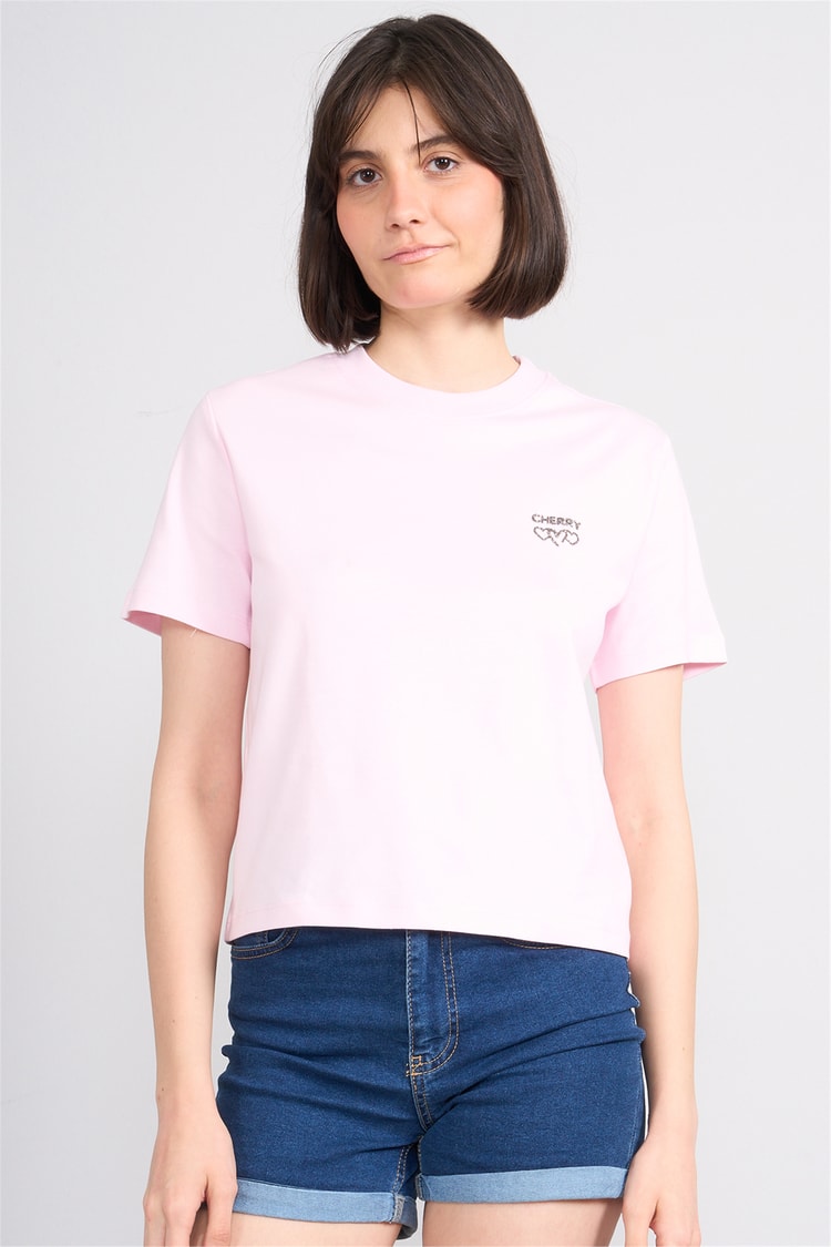 İkoll 1005114 025 Pembe Kalp Taşlı T-Shirt