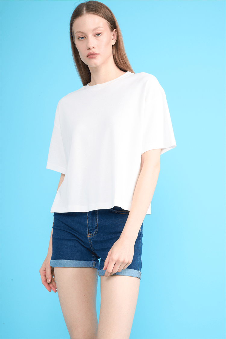 Ikoll Y26 1004503 Ekru Kadın Basic Crop T-shirt