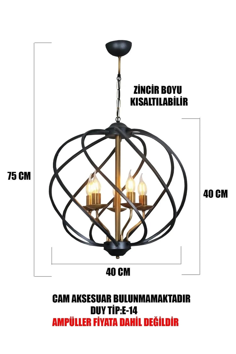 Ines Dünya 5 Li Siyah Eskitme Sarkıt Avize