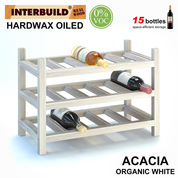 İnterbuild Masif Akasya Ağaç Şarap Rafı 3 Katlı 15 Şişelik (Org. Beyaz) - 672681