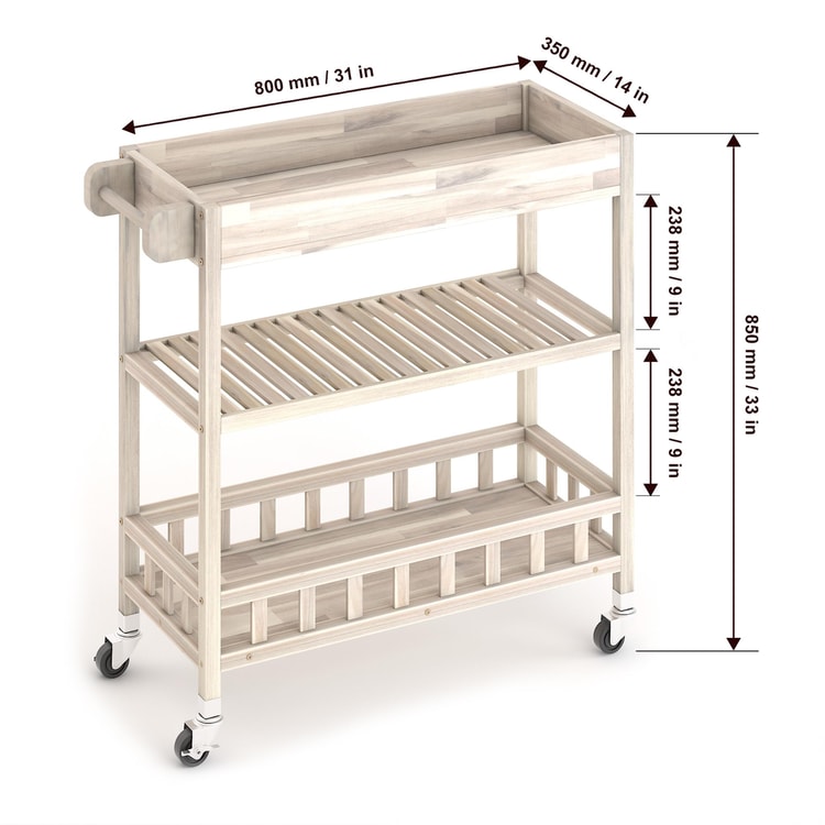 İnterbuild Masif Akasya Ahşap Holger Tepsili Servis Arabası (799x349x850 mm) Organik Beyaz - 675057