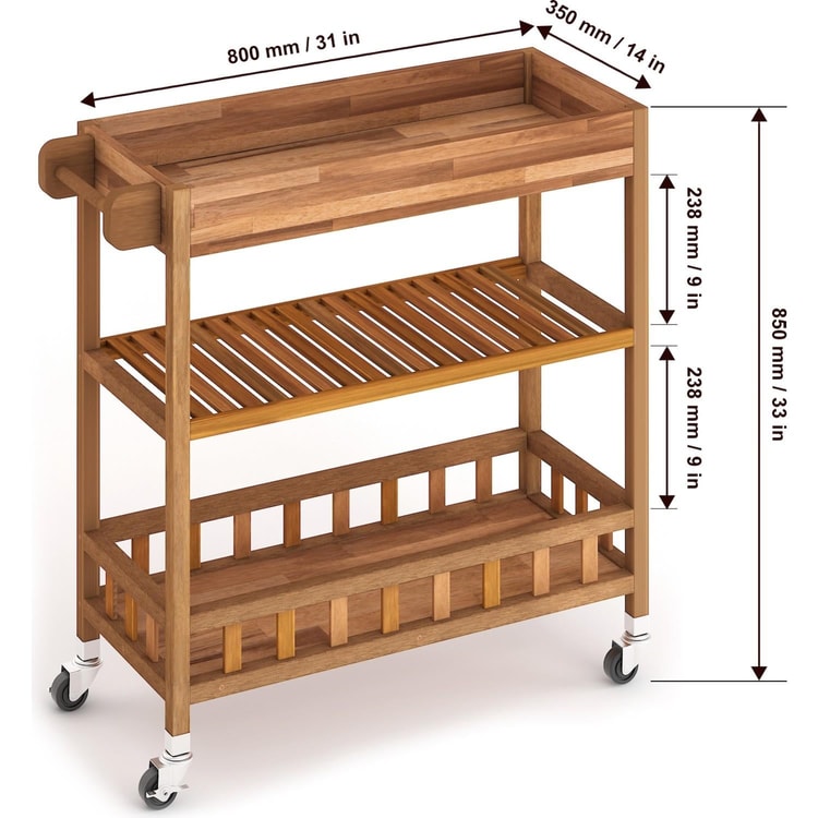 İnterbuild Masif Akasya Ahşap Holger Tepsili Servis Arabası (799x349x850 mm) Altın Tik - 675026