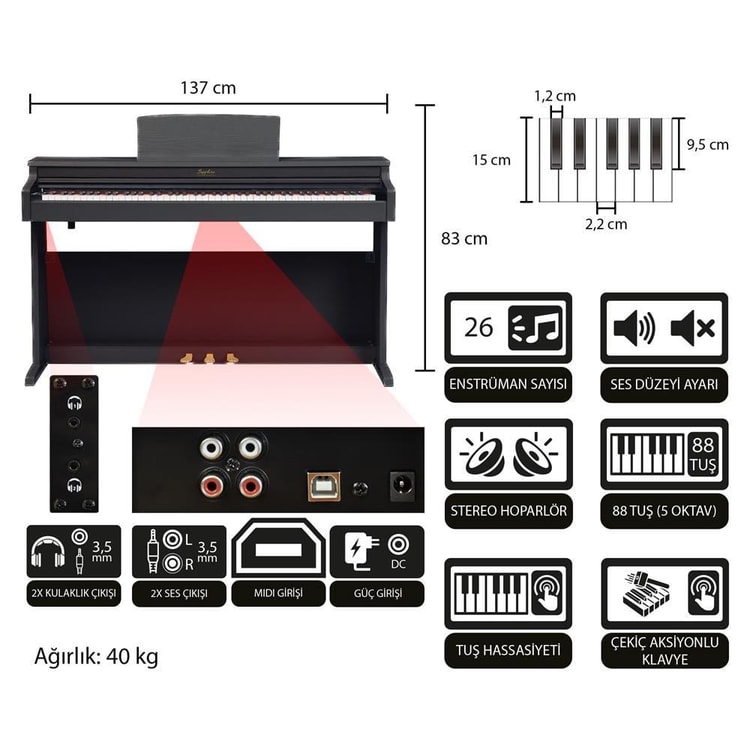Jwin Sapphire SDP-380 Çekiç Aksiyonlu 88 Tuşlu Dijital Piyano + Tabure - Siyah