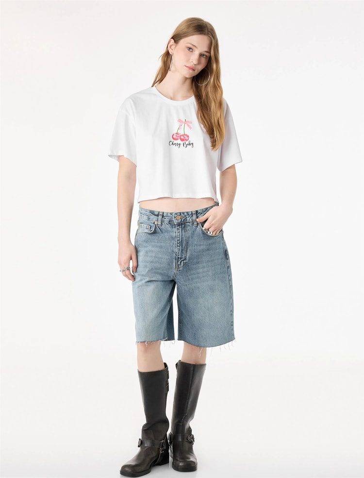 Koton Y26 6Sal10095Ik 010 Ekru Kadın Jersey Kısa Kol T-Shirt