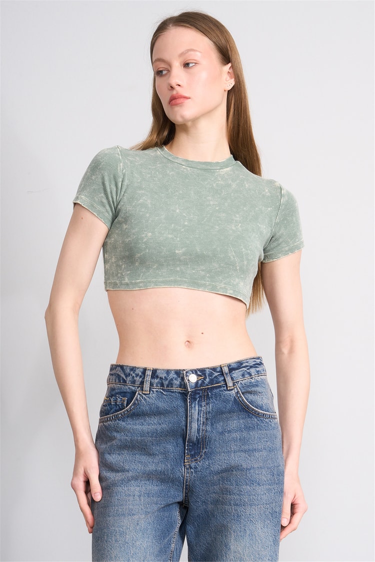 Lefon Y26 050503-K Haki Kadın Yıkamalı Orme Kaşkorse Crop