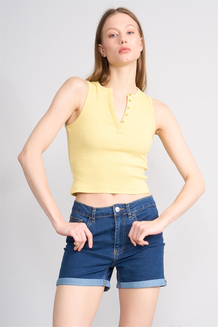 Lefon Y26 071686-K Sarı Kadın Acık Dugmelı Yaka Kolsuz Kaşkorse T-Shirt