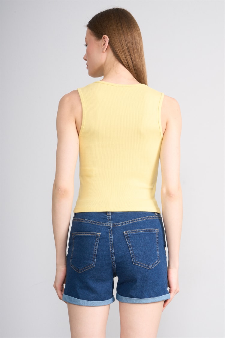 Lefon Y26 071686-K Sarı Kadın Acık Dugmelı Yaka Kolsuz Kaşkorse T-Shirt