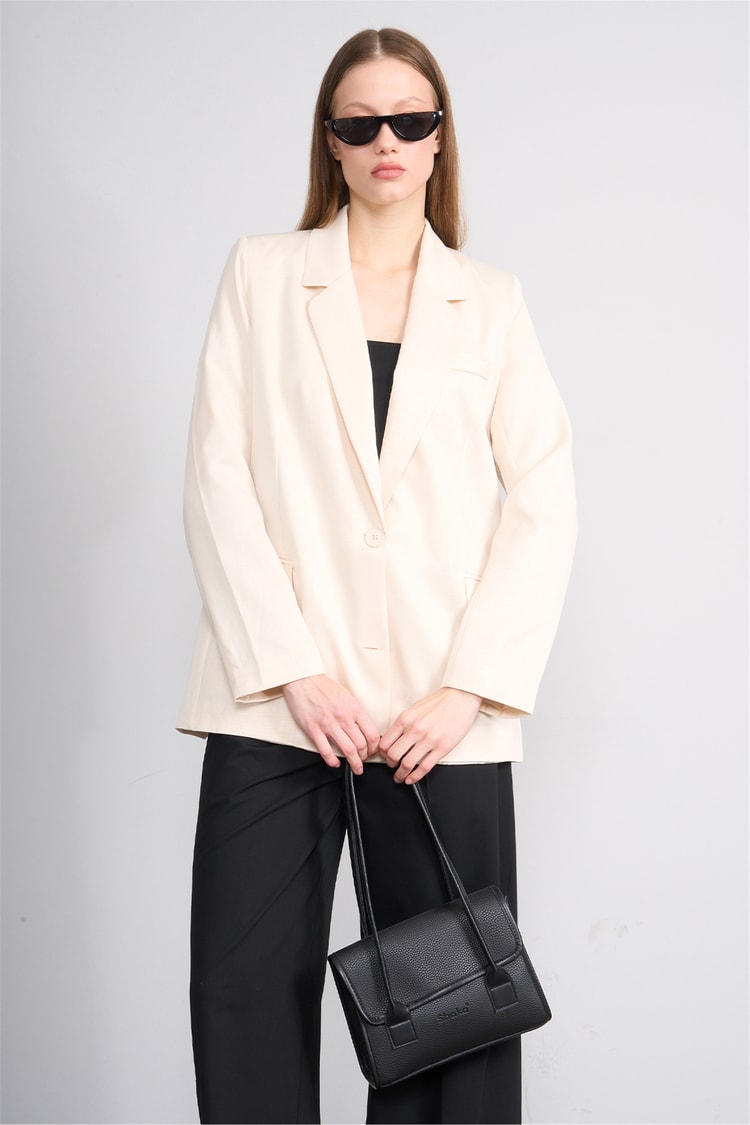 Lefon Y26 130915-K Bej Kadın Cıft Yırtmac Detaylı Ceplı Ceket