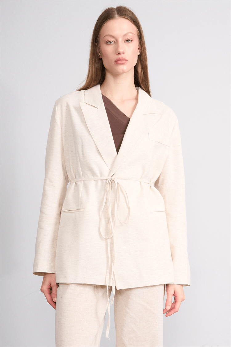 Lefon Y26 131052-K Naturel Kadın Belden Baglamalı Oversıze Ceket