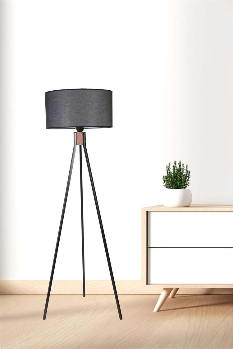 Lumexx Fısco Tripod Siyah Lambader Silindir Hasır Siyah Abajurlu