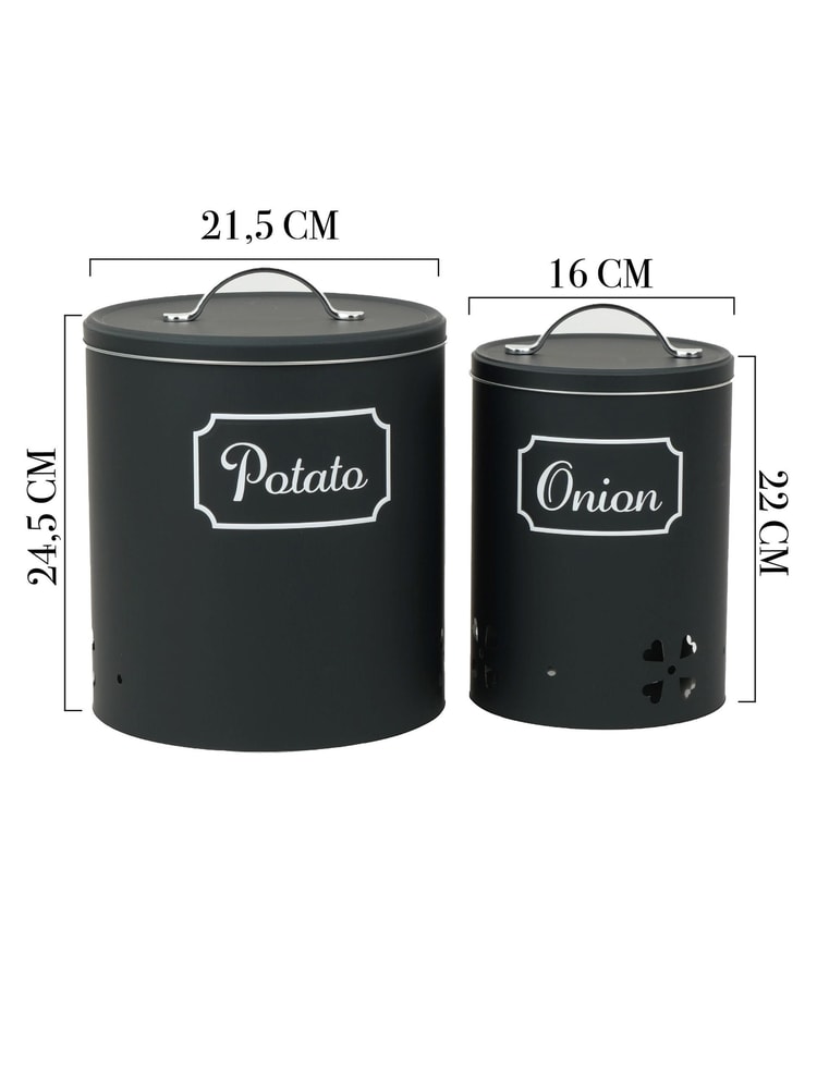 Mat Siyah Metal Mutfak Saklama Kutusu Seti – Patates, Soğan & Kahve/Çay/Şeker Organizer