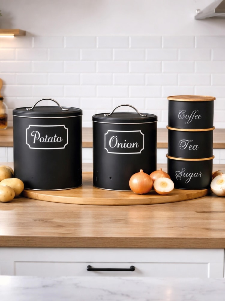 Mat Siyah Metal Mutfak Saklama Kutusu Seti – Patates, Soğan & Kahve/Çay/Şeker Organizer