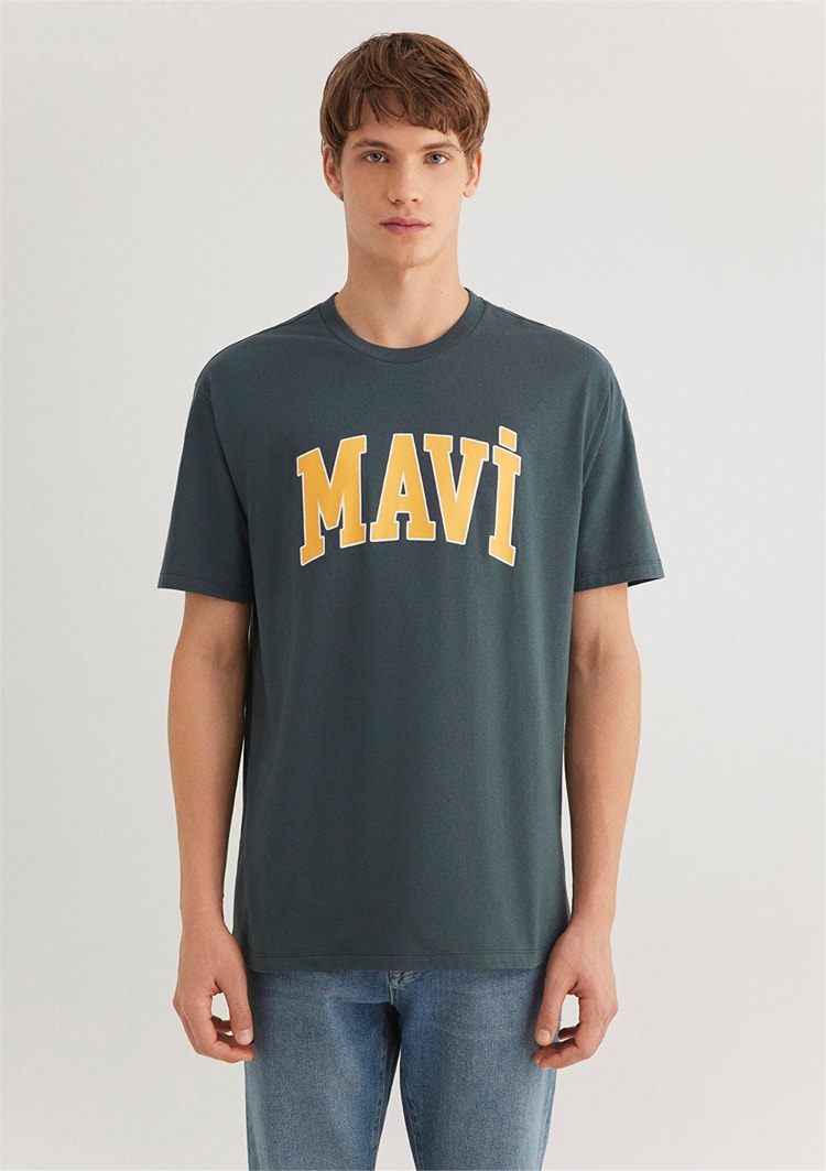 Mavı M0611711-71598 Yosun Yesılı Erkek Loose Mavı Logo Baskılı T-Shırt
