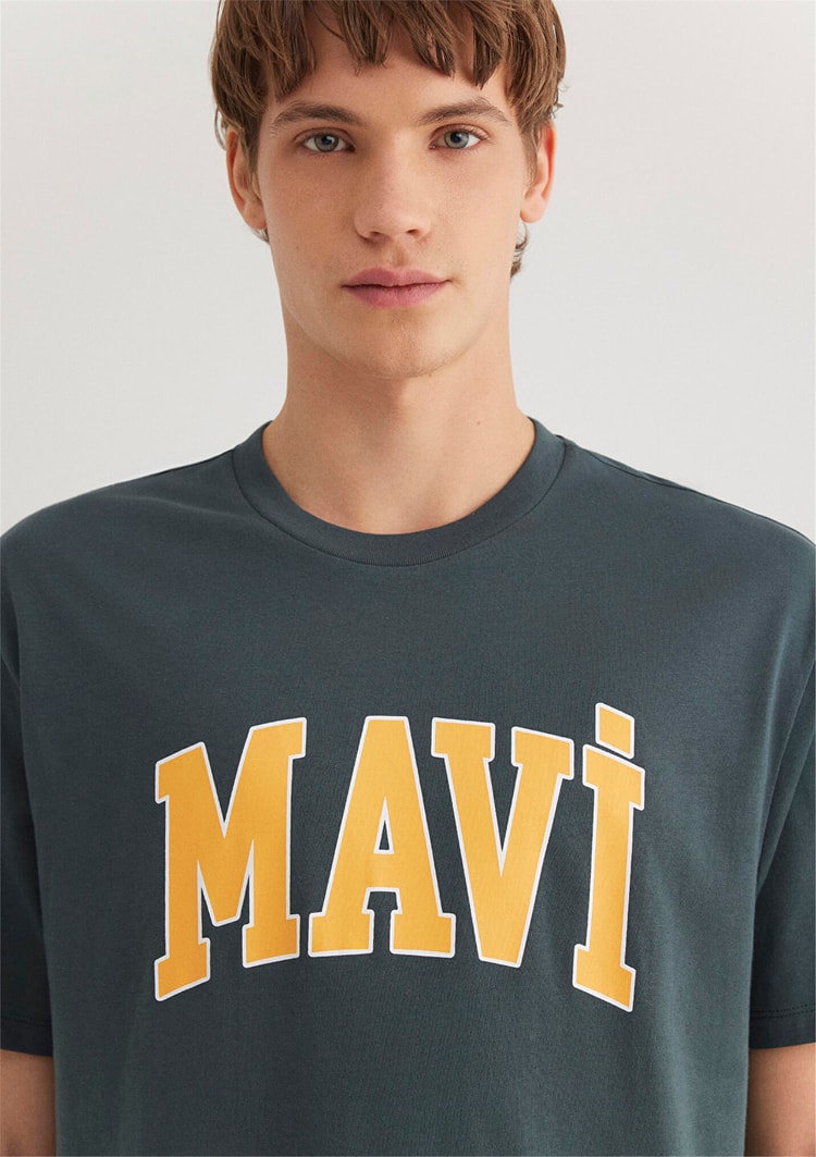 Mavı M0611711-71598 Yosun Yesılı Erkek Loose Mavı Logo Baskılı T-Shırt