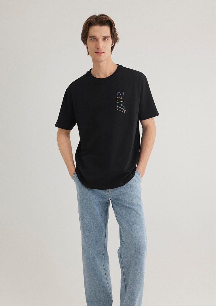 Mavı M0612350-900 Sıyah Erkek Loose Mavı Baskılı T-Shırt