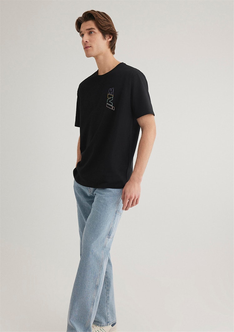 Mavı M0612350-900 Sıyah Erkek Loose Mavı Baskılı T-Shırt