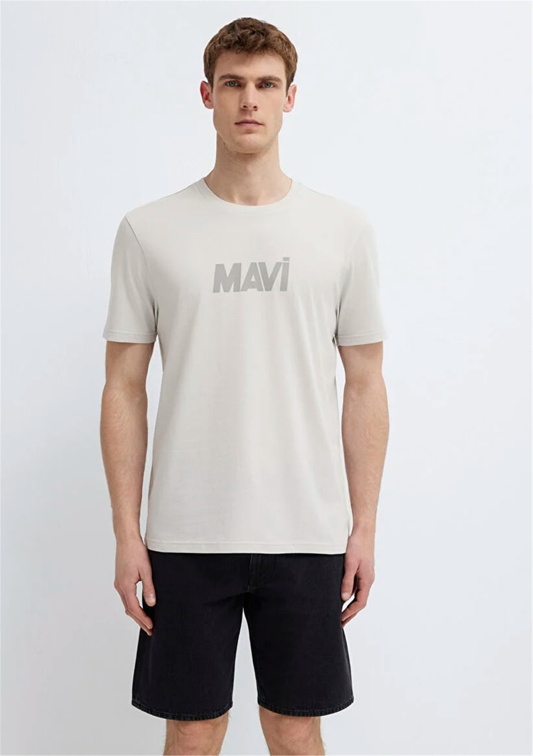 Mavı M0612896-70080 Pus Grı Erkek Regular Logo Baskılı T-Shırt