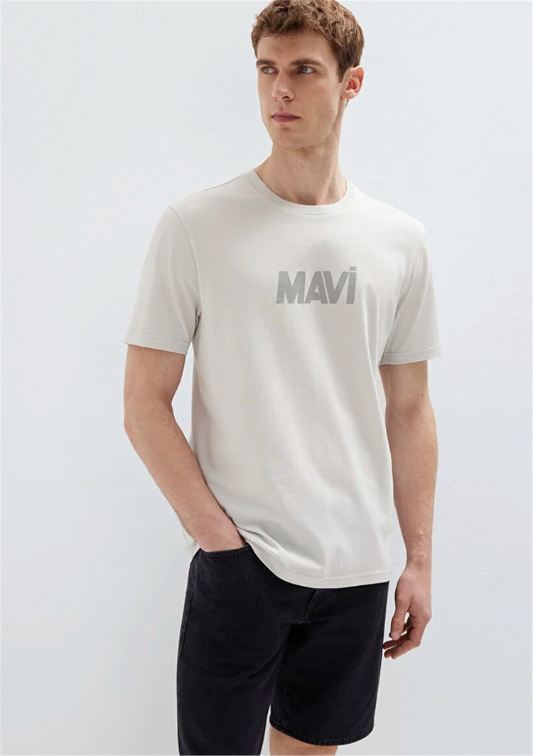 Mavı M0612896-70080 Pus Grı Erkek Regular Logo Baskılı T-Shırt