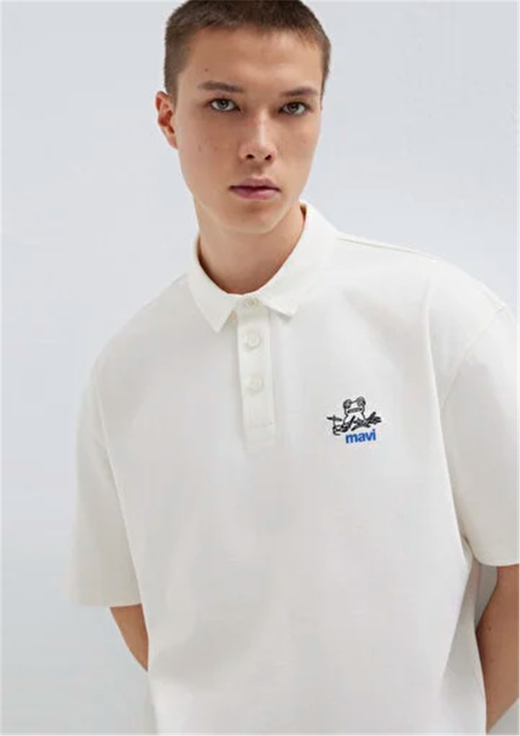 Mavı M0613180-70057 Kırık Beyaz Erkek Oversıze Mavı Logo Baskılı Polo T-Shırt