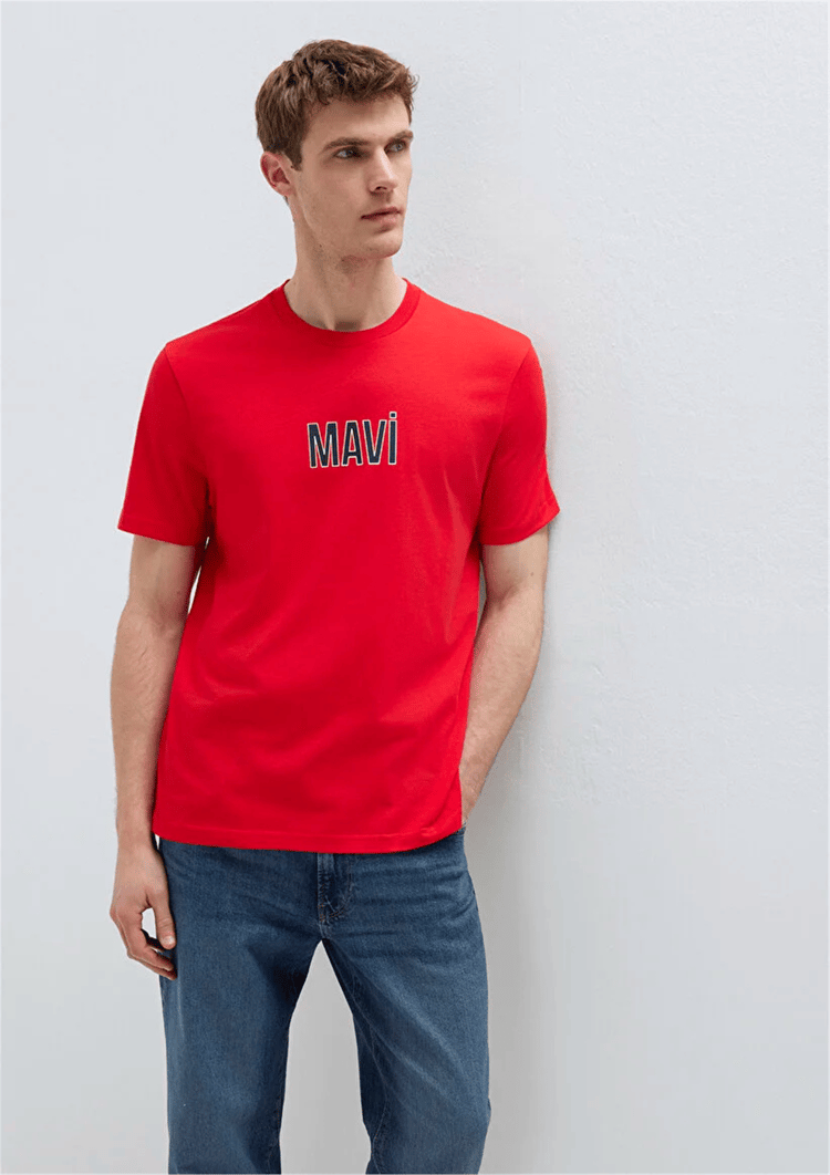 Mavı M0613186-70467 Cın Kırmızısı Erkek Regular Mavı Baskılı T-Shırt