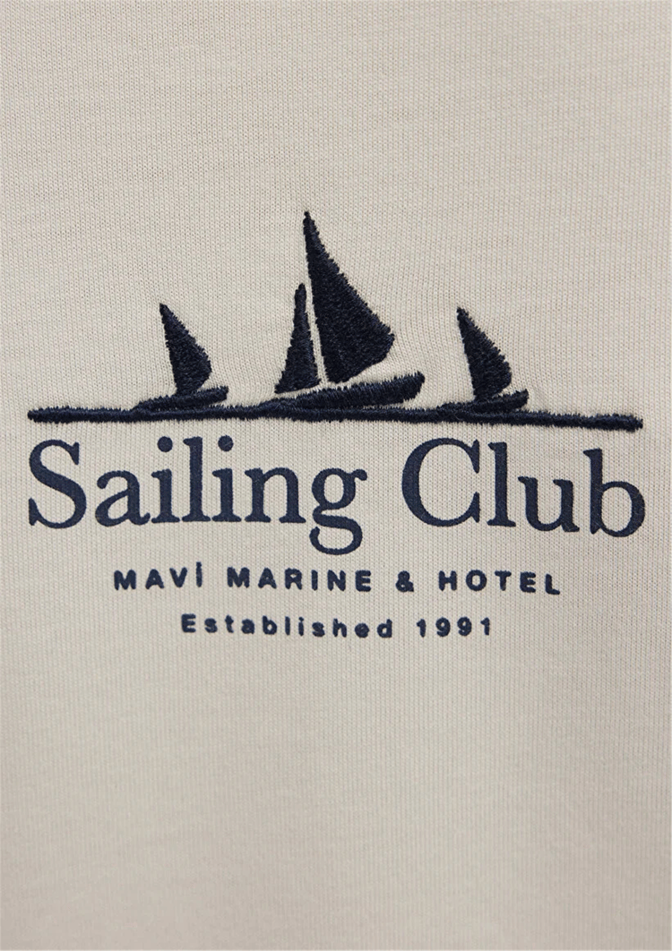 Mavı M0613284-70144 Ay Tası Bejı Erkek Oversıze Saılıng Club Baskılı T-Shırt