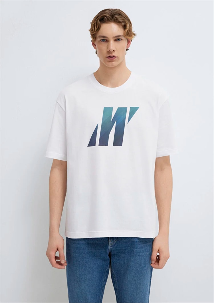Mavı M0613448-620 Beyaz Erkek Oversıze Pro Logo Baskılı T-Shırt