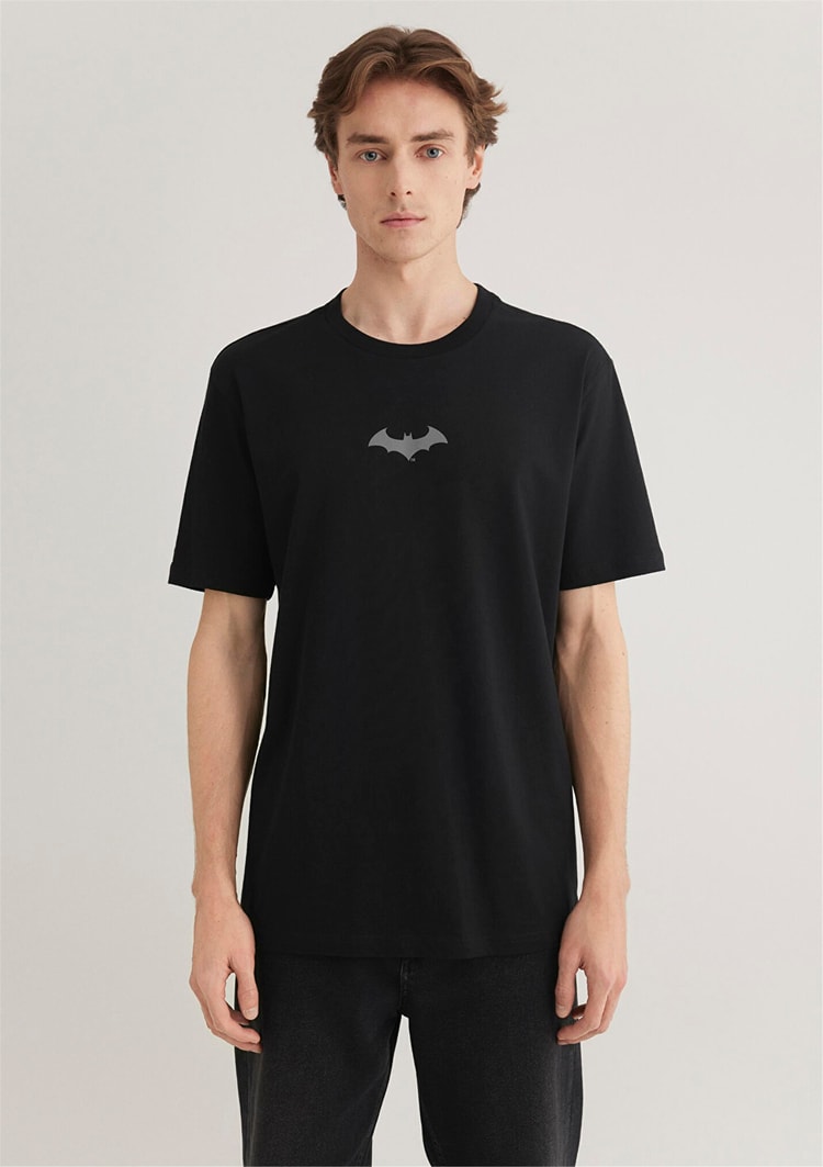 Mavi M066878-900 Siyah Erkek Batman Reflektor Baskılı T-Shirt