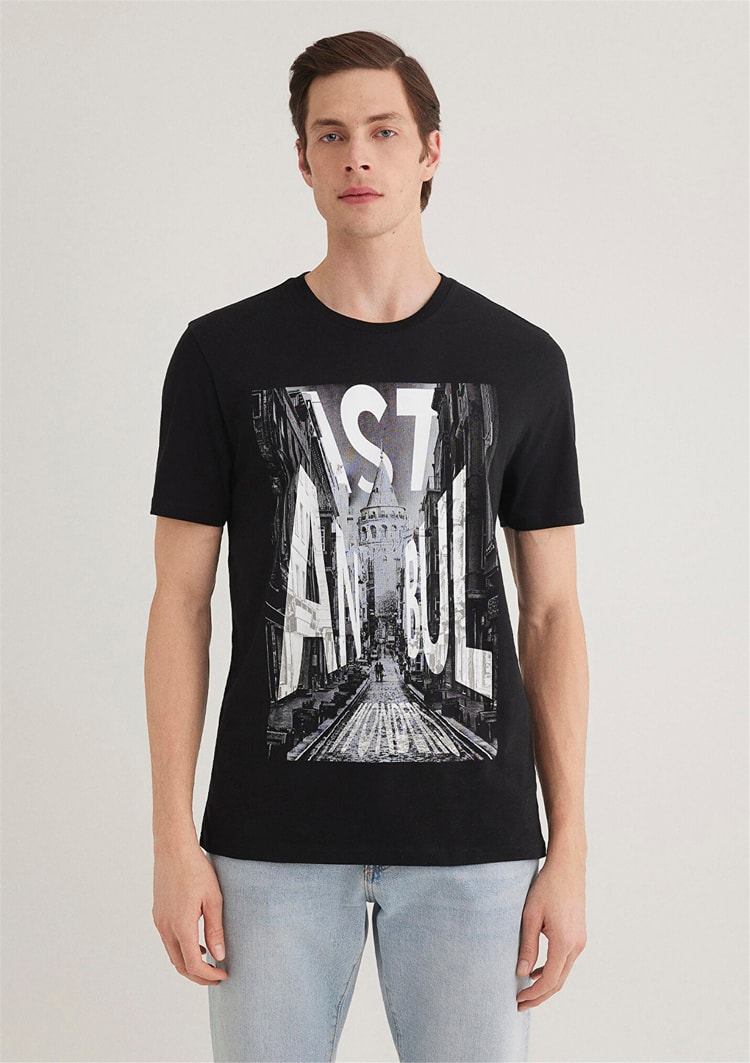 Mavi M067053-900 Siyah Erkek Regular Galata İstanbul Baskılı T-Shirt