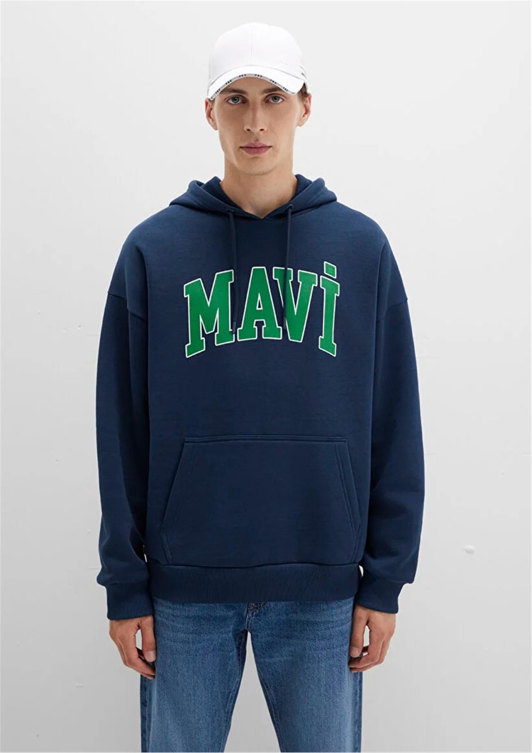 Mavı M067149-29743 Gece Lacıvert Erkek Mavı Logo Baskılı Kapusonlu Oversıze Sweatshırt