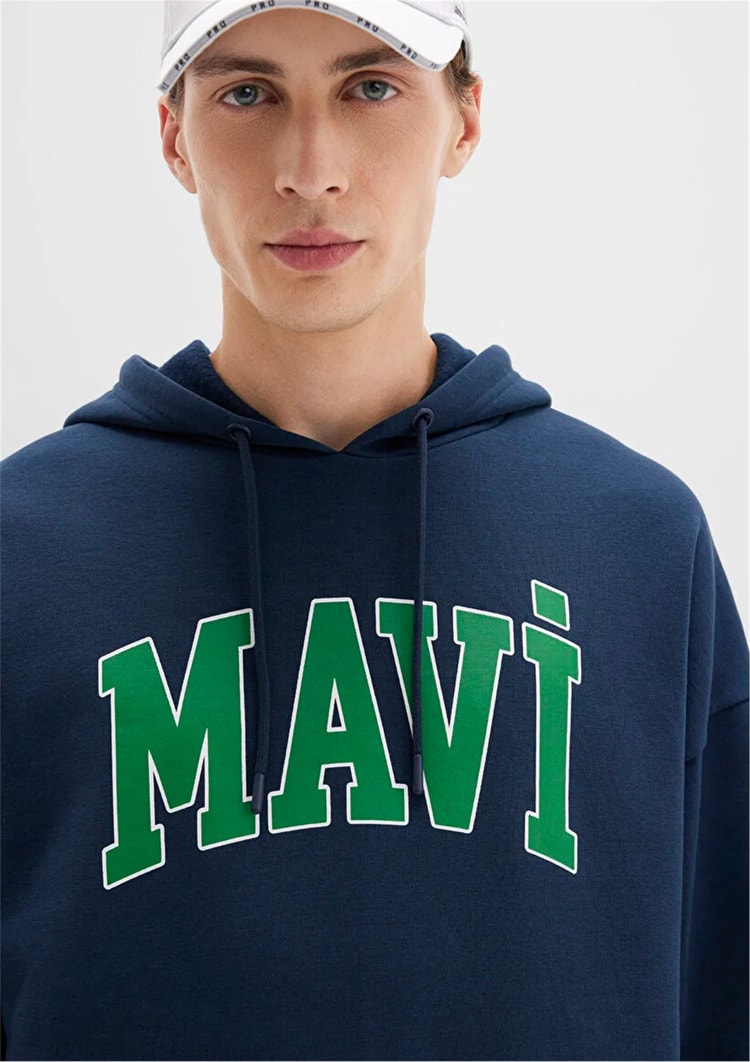 Mavı M067149-29743 Gece Lacıvert Erkek Mavı Logo Baskılı Kapusonlu Oversıze Sweatshırt