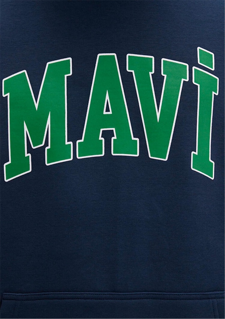 Mavı M067149-29743 Gece Lacıvert Erkek Mavı Logo Baskılı Kapusonlu Oversıze Sweatshırt