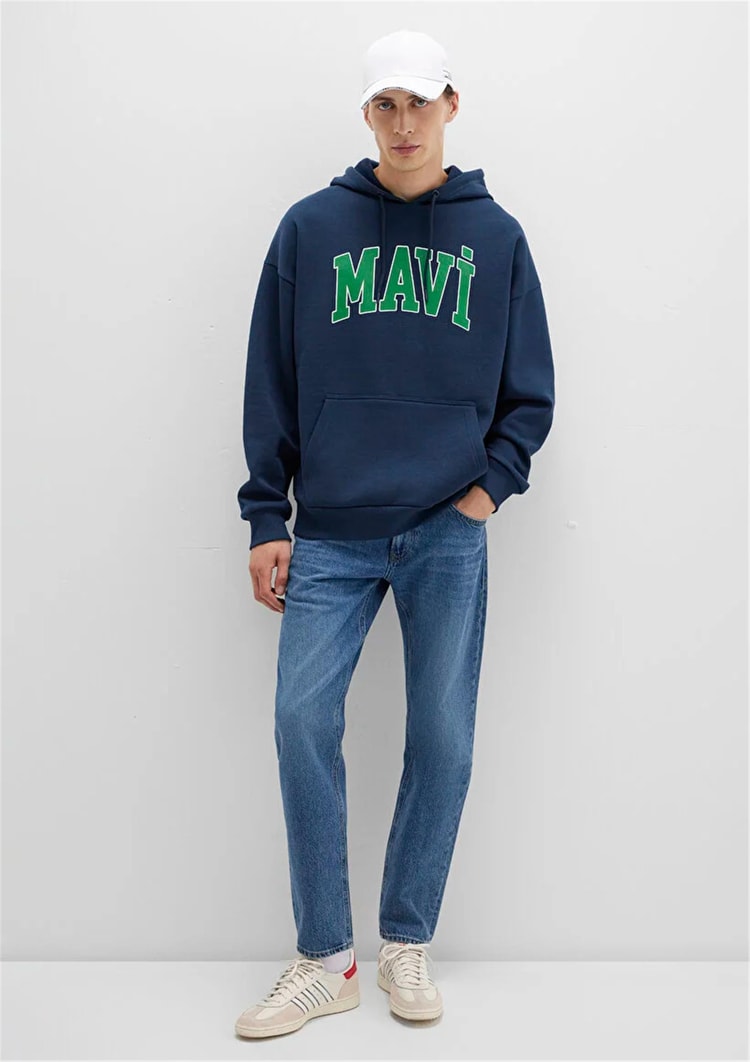 Mavı M067149-29743 Gece Lacıvert Erkek Mavı Logo Baskılı Kapusonlu Oversıze Sweatshırt