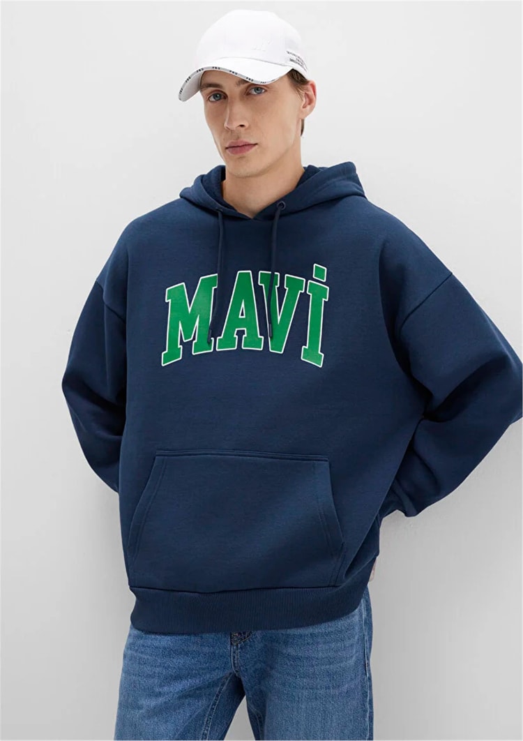 Mavı M067149-29743 Gece Lacıvert Erkek Mavı Logo Baskılı Kapusonlu Oversıze Sweatshırt