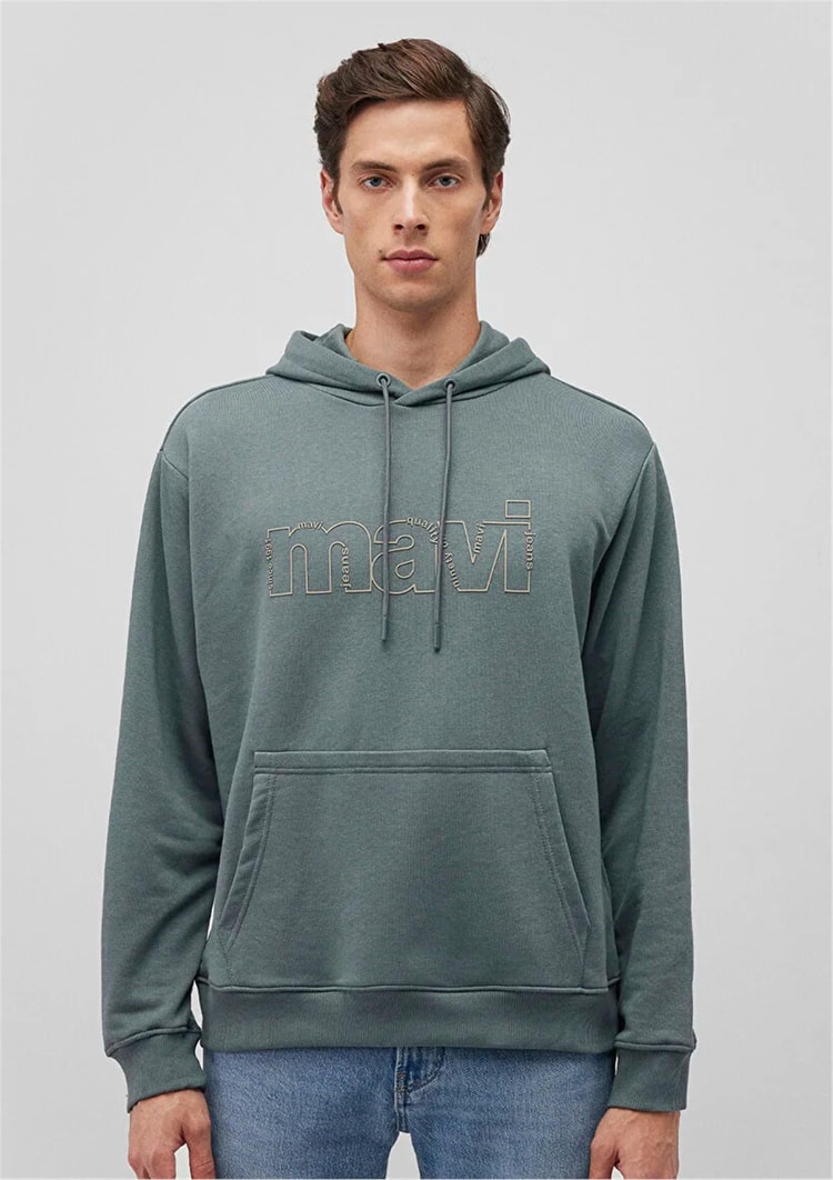 Mavı M0S10196-71577 Soluk Yesıl Erkek Loose Mavı Kapusonlu Sweatshırt